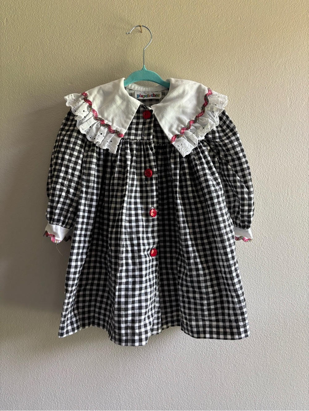 Vintage Black & White Gingham Dress with Eyelet Collar Apple Buttons